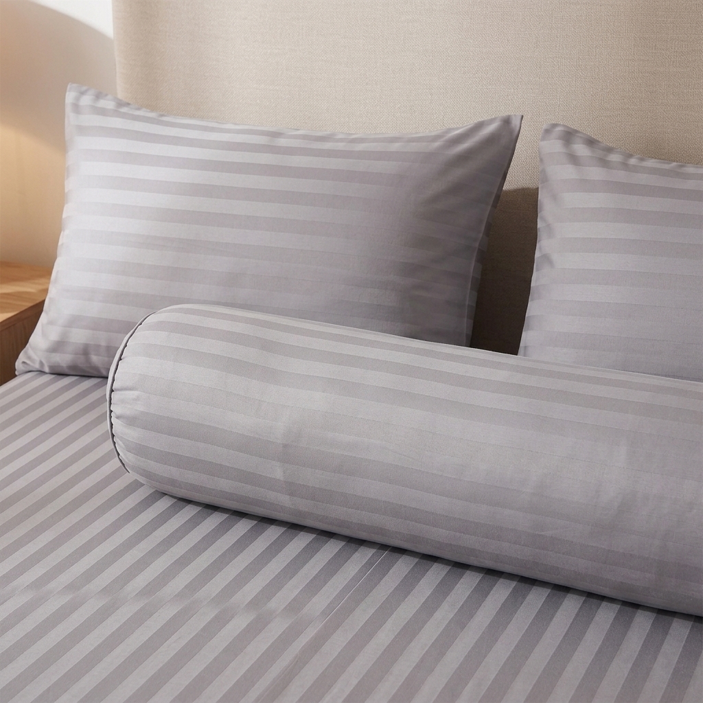 Bộ Drap Ga Gối Cotton Poly Cao Cấp Sọc Satin Sang Trọng - 3 Màu: Xám Đậm, Nâu Khaki, Xám Nhạt - Đầy Đủ Kích Thước